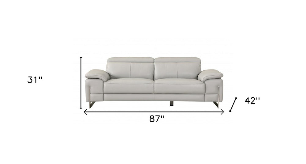 87" Light Gray Italian Leather Sofa With Silver Legs - Homeroots - Flyclothing LLC