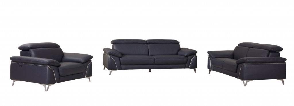 Three Piece Indoor Blue Italian Leather Six Person Seating Set - Homeroots - Flyclothing LLC