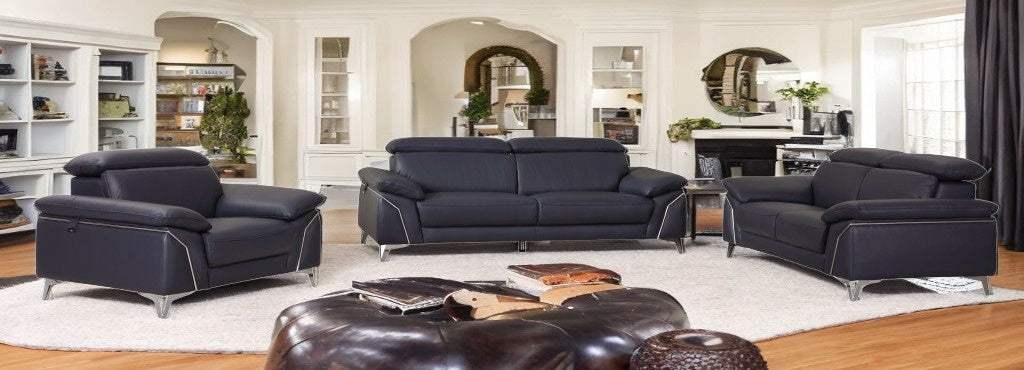 Three Piece Indoor Blue Italian Leather Six Person Seating Set - Homeroots - Flyclothing LLC