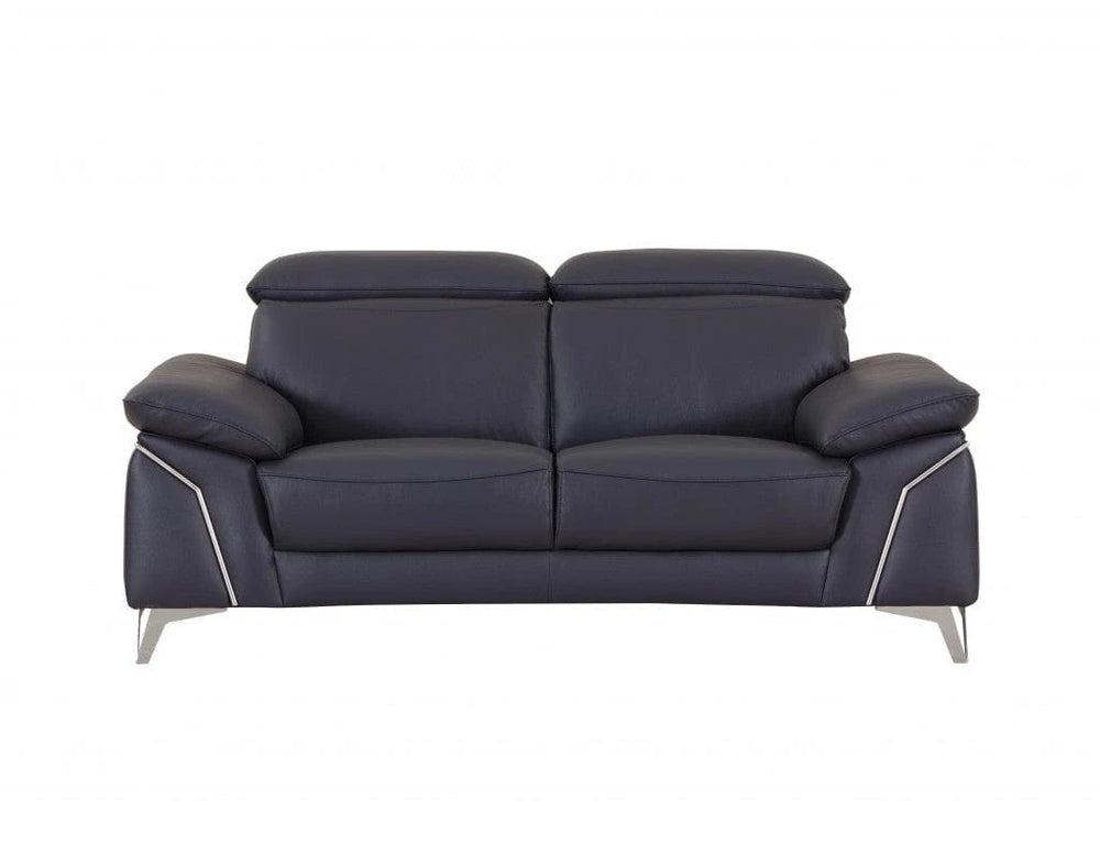 71" Navy Blue And Silver Genuine Leather Loveseat - Homeroots