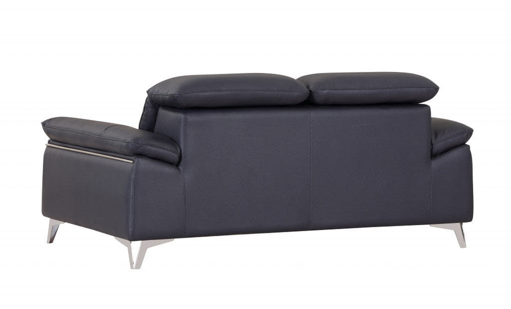 71" Navy Blue And Silver Genuine Leather Loveseat - Homeroots - Flyclothing LLC