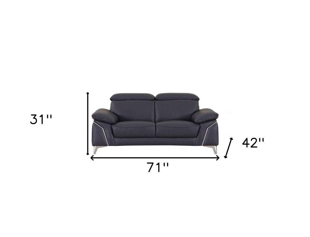 71" Navy Blue And Silver Genuine Leather Loveseat - Homeroots - Flyclothing LLC