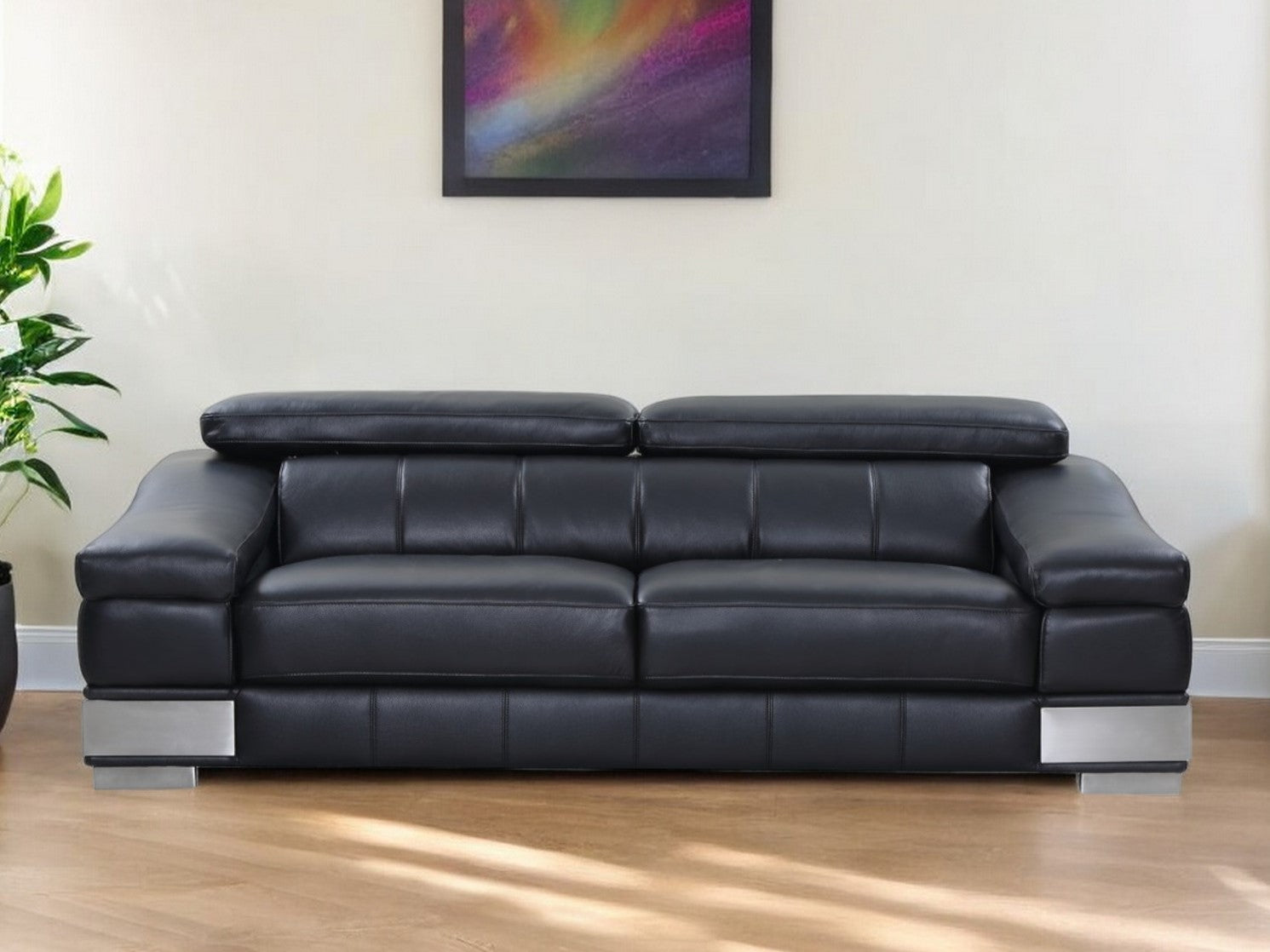 92" Black Italian Leather Sofa With Silver Legs - Homeroots - Flyclothing LLC