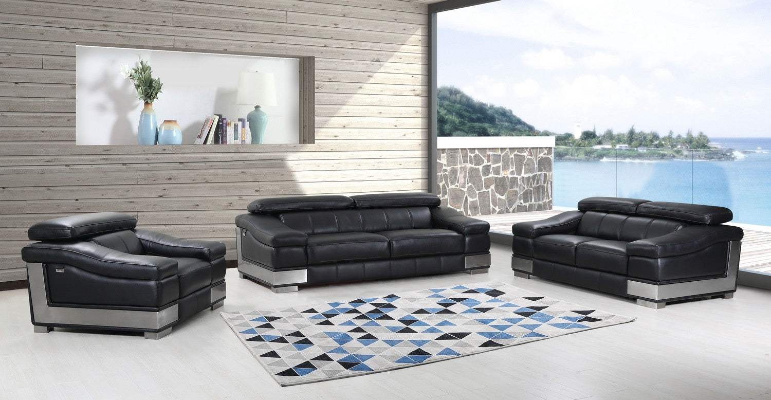 Three Piece Indoor Black Italian Leather Six Person Seating Set - Homeroots - Flyclothing LLC