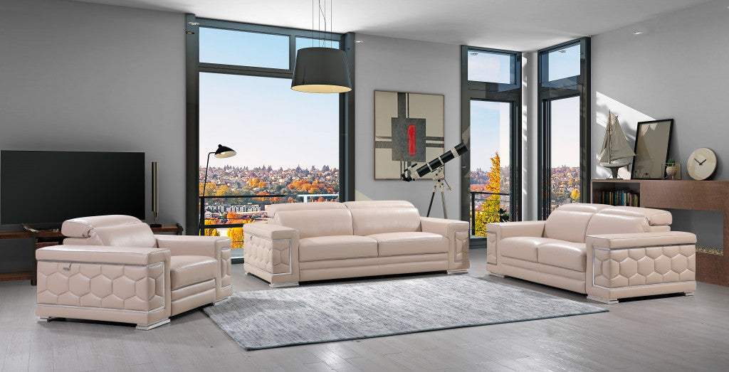 Three Piece Indoor Beige Italian Leather Six Person Seating Set - Homeroots - Flyclothing LLC