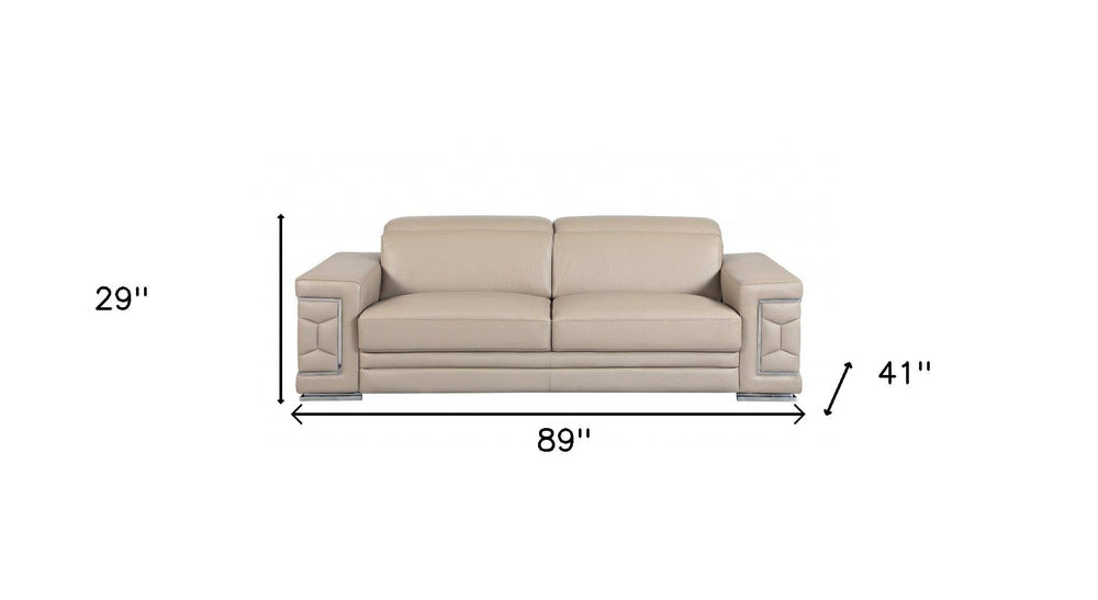 89" Beige Italian Leather Sofa With Silver Legs - Homeroots - Flyclothing LLC