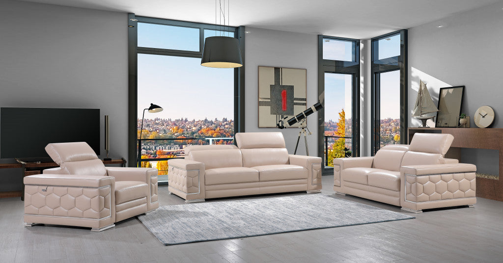 89" Beige Italian Leather Sofa With Silver Legs - Homeroots - Flyclothing LLC