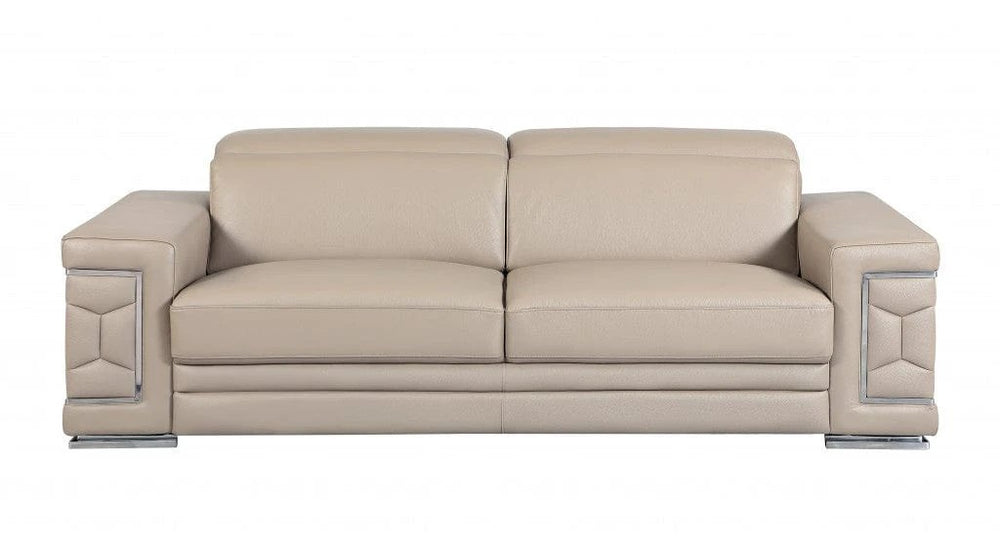 89" Beige Italian Leather Sofa With Silver Legs - Homeroots - Flyclothing LLC