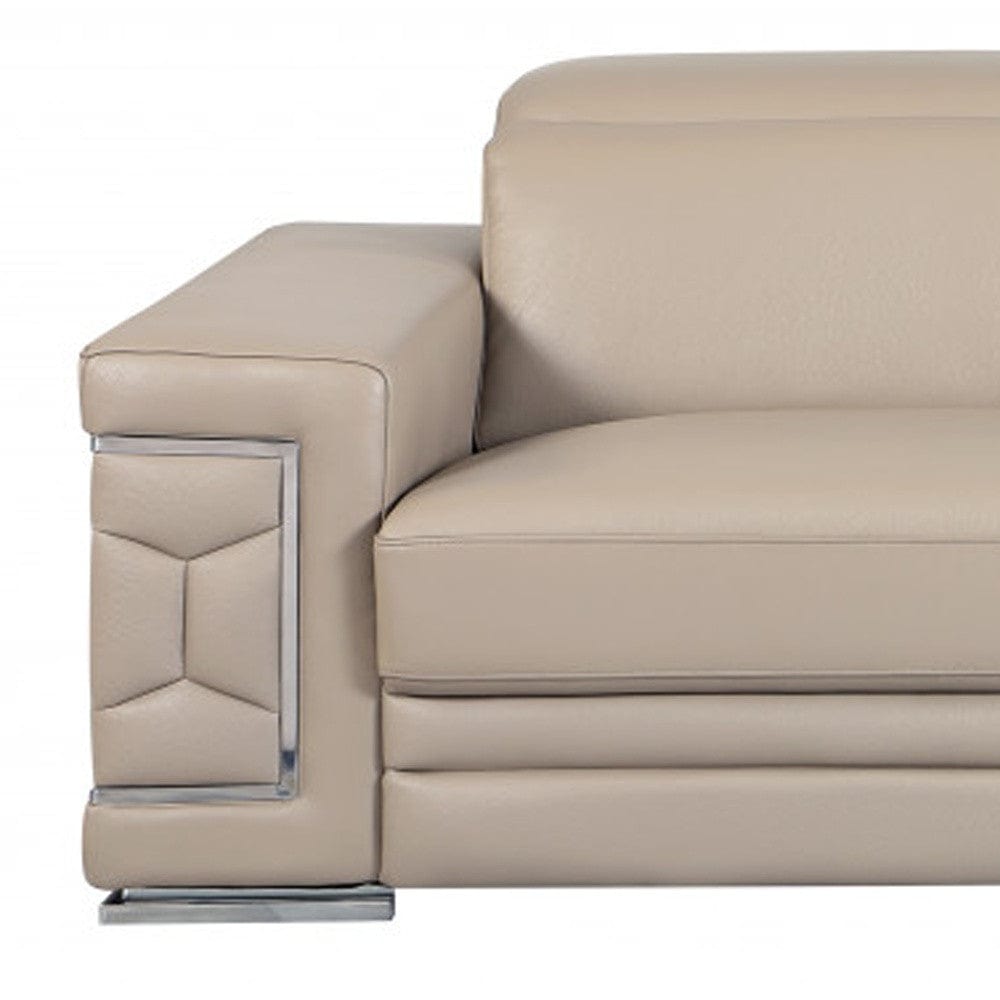 89" Beige Italian Leather Sofa With Silver Legs - Homeroots - Flyclothing LLC