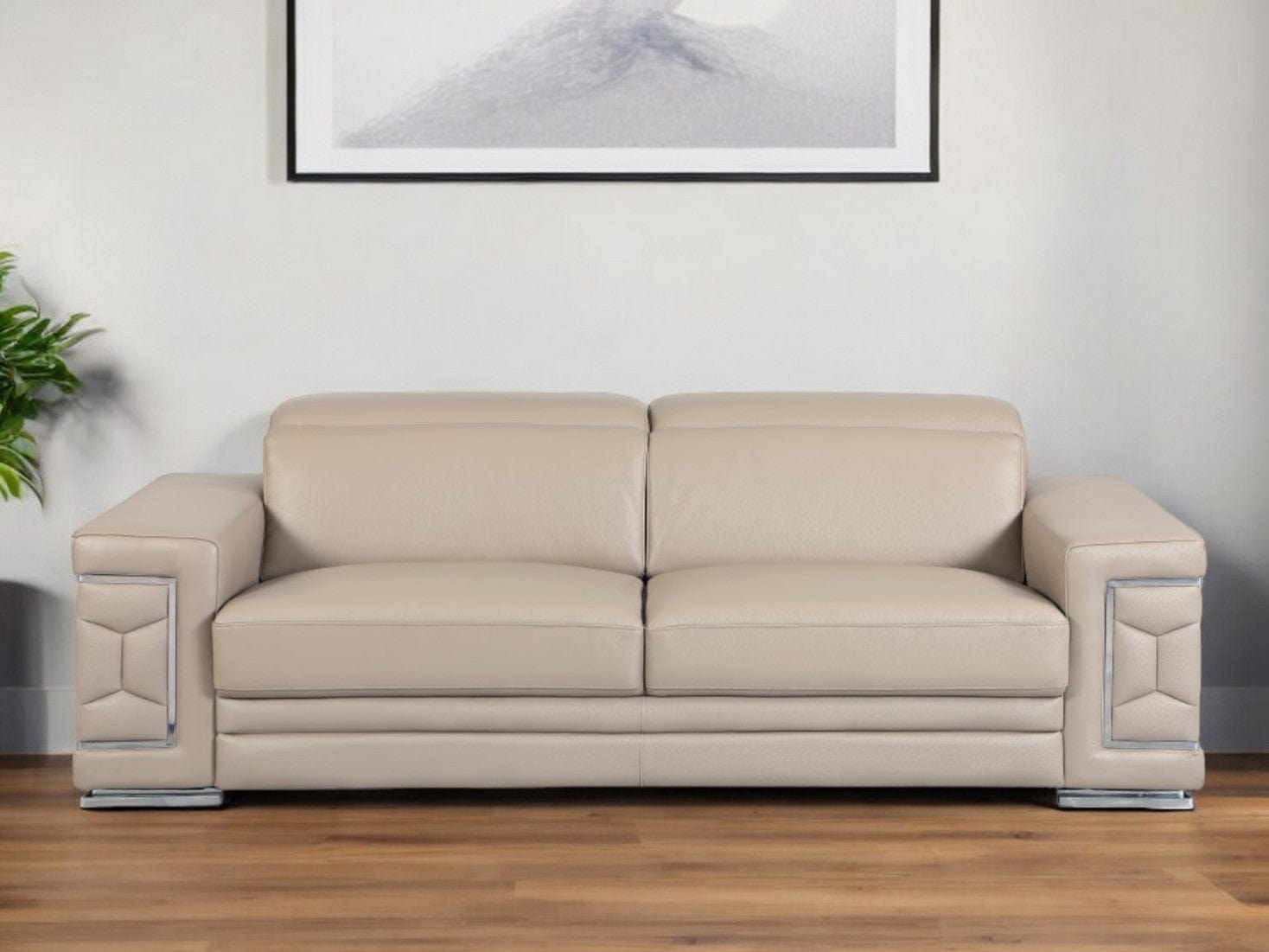 89" Beige Italian Leather Sofa With Silver Legs - Homeroots - Flyclothing LLC