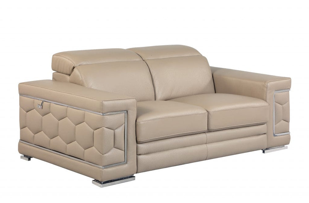 71" Beige And Silver Genuine Leather Love Seat - Homeroots - Flyclothing LLC