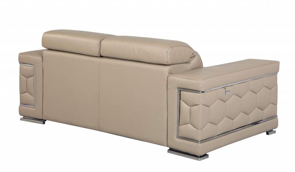 71" Beige And Silver Genuine Leather Love Seat - Homeroots - Flyclothing LLC