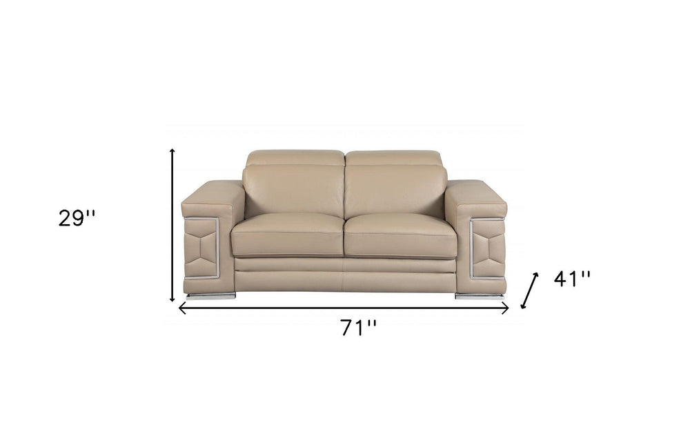 71" Beige And Silver Genuine Leather Love Seat - Homeroots - Flyclothing LLC