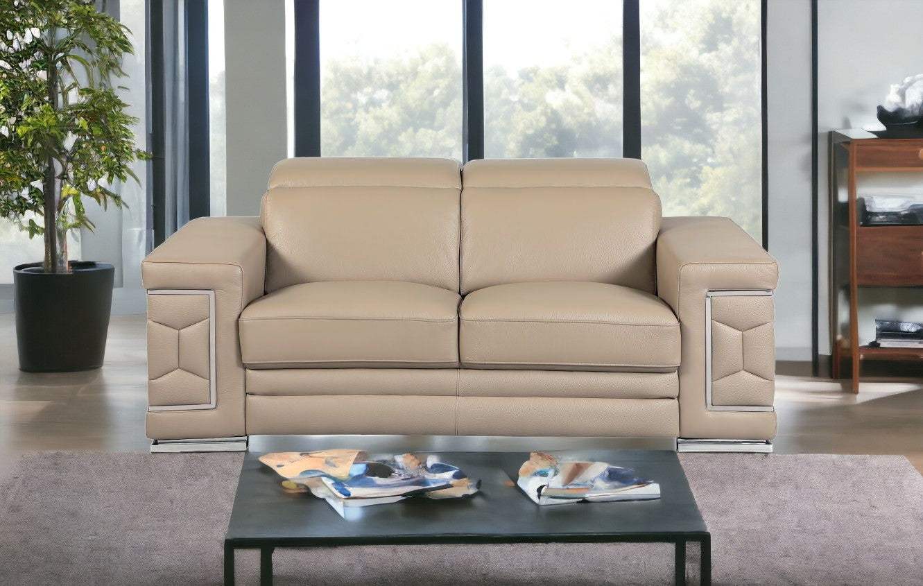 71" Beige And Silver Genuine Leather Love Seat - Homeroots - Flyclothing LLC