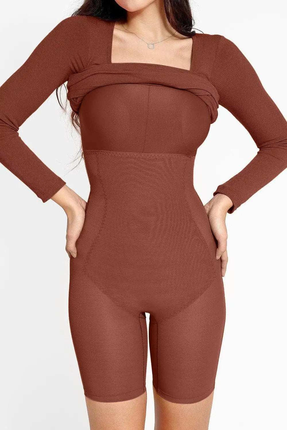 Basic Bae Full Size Built-In Shapewear Square Neck Long Sleeve Dress - Trendsi - Flyclothing LLC