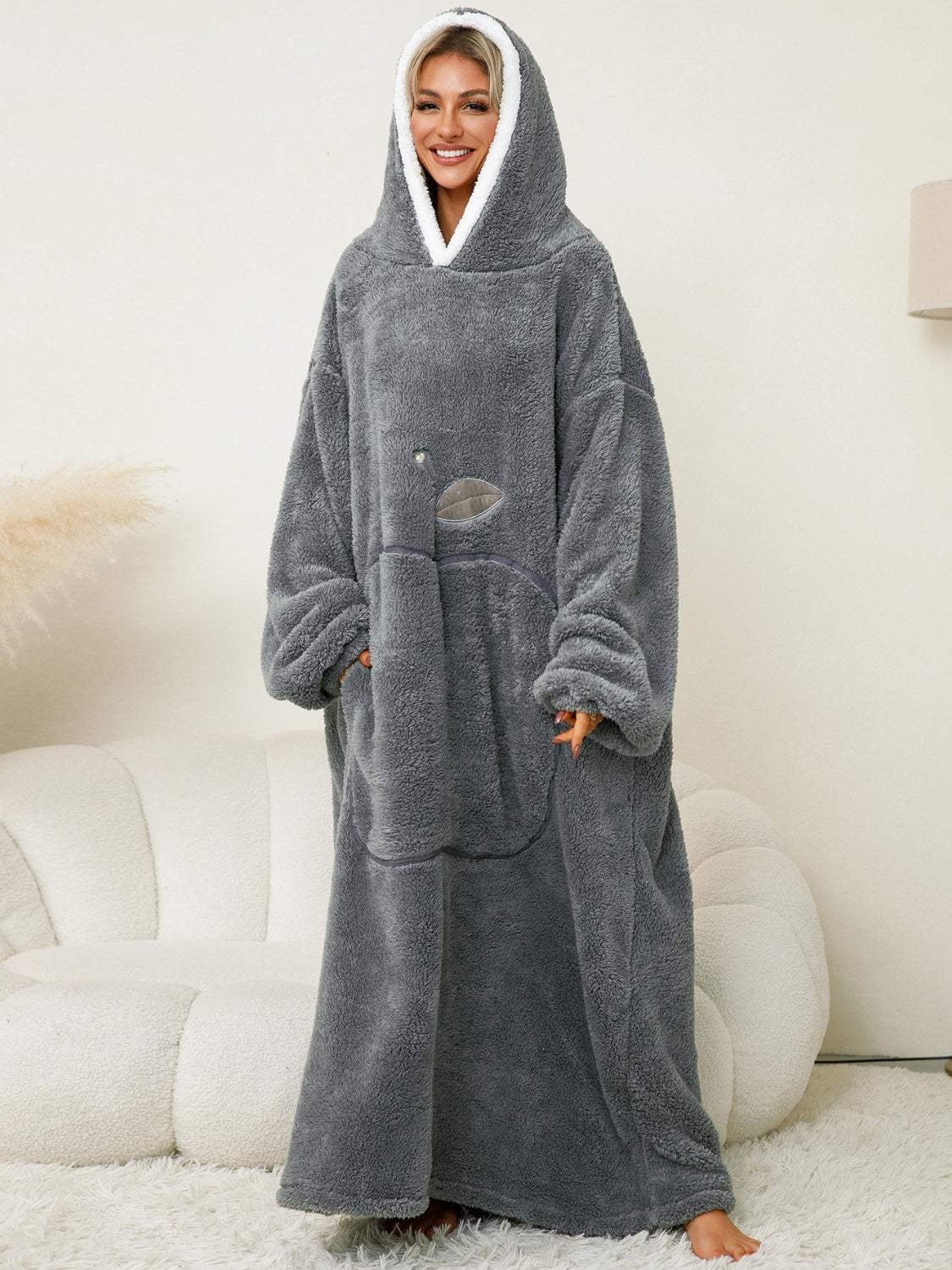 Pocketed Contrast Long Sleeve Hooded Lounge Dress - Trendsi - Flyclothing LLC