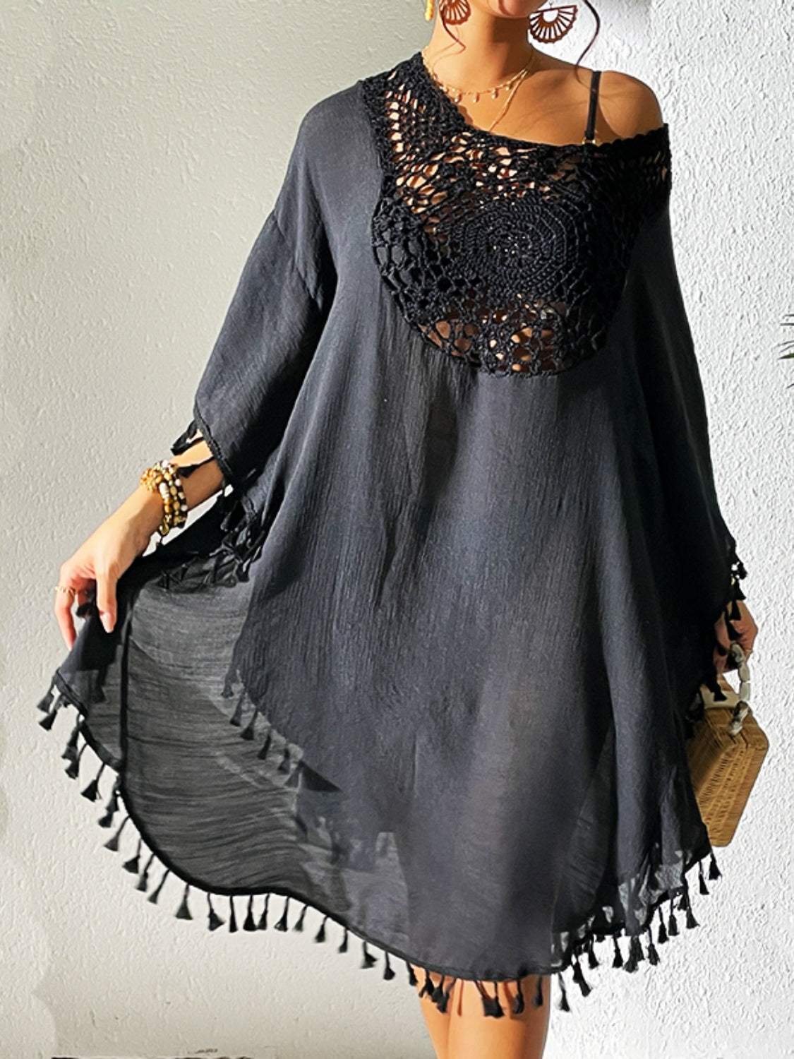 Tassel Cutout Scoop Neck Cover-Up Dress - Trendsi - Flyclothing LLC