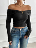 Devine Off-Shoulder Long Sleeve T-Shirt - Trendsi - Flyclothing LLC