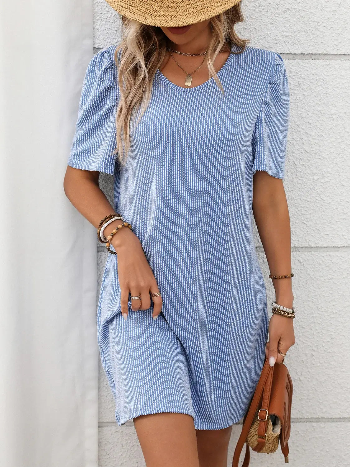 Textured Round Neck Short Sleeve Mini Dress - Trendsi - Flyclothing LLC