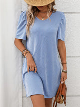 Textured Round Neck Short Sleeve Mini Dress - Trendsi - Flyclothing LLC