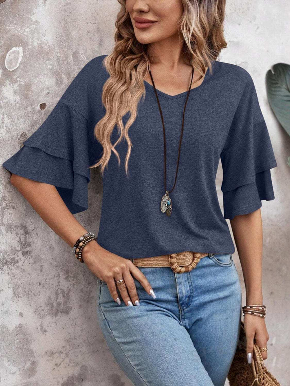V-Neck Half Sleeve Blouse - Trendsi - Flyclothing LLC