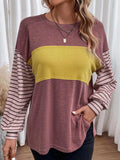Round Neck Striped Long Sleeve Slit T-Shirt - Trendsi - Flyclothing LLC