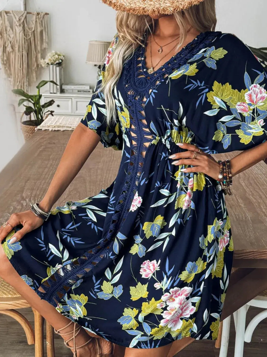 Crochet Front V-Neck Printed Cover-Up - Trendsi - Flyclothing LLC