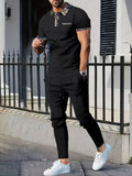 Men's Full Size Waffle Knit Short Sleeve Polo and Pants Set Plus Size - Trendsi