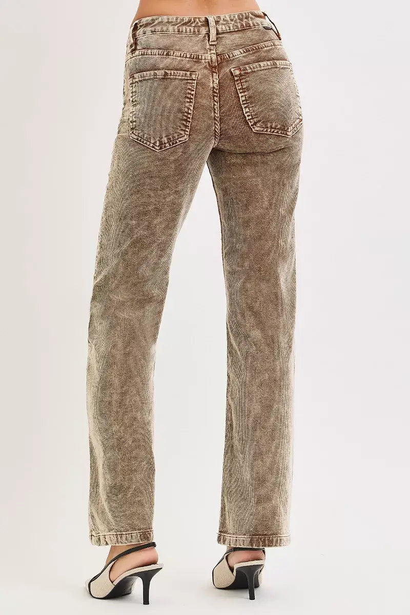 RISEN Tummy Control Mid Rise Straight Leg Corduroy Pants - Trendsi - Flyclothing LLC
