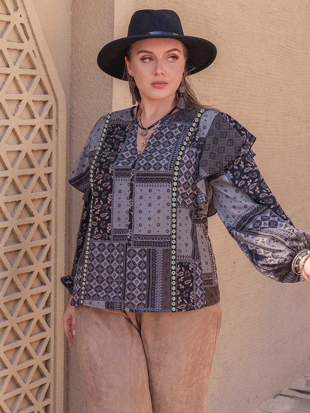 Plus Size Ruffled Printed Notched Long Sleeve Blouse - Trendsi - Flyclothing LLC