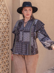 Plus Size Ruffled Printed Notched Long Sleeve Blouse - Trendsi