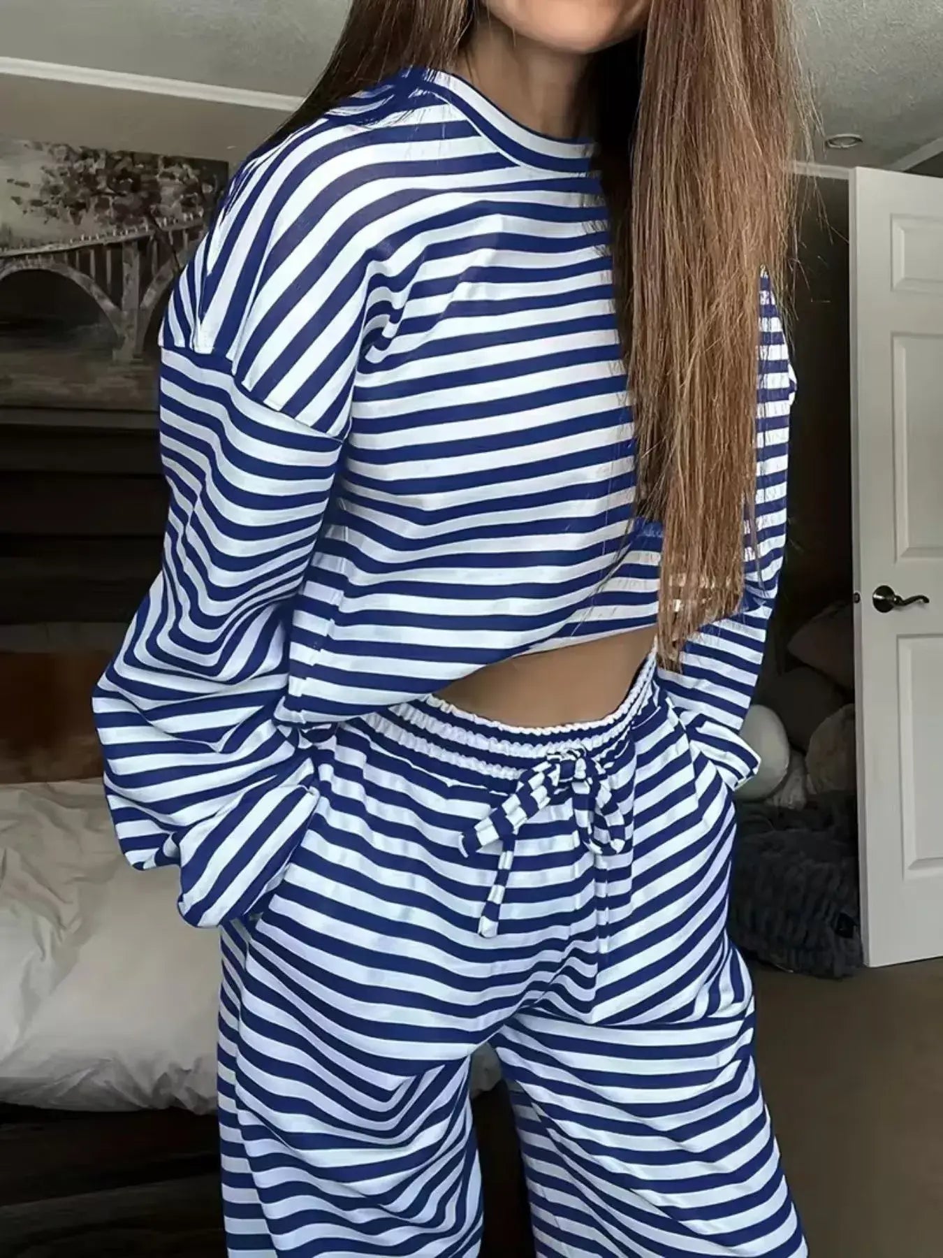 Striped Round Neck Top and Pants Set - Trendsi - Flyclothing LLC