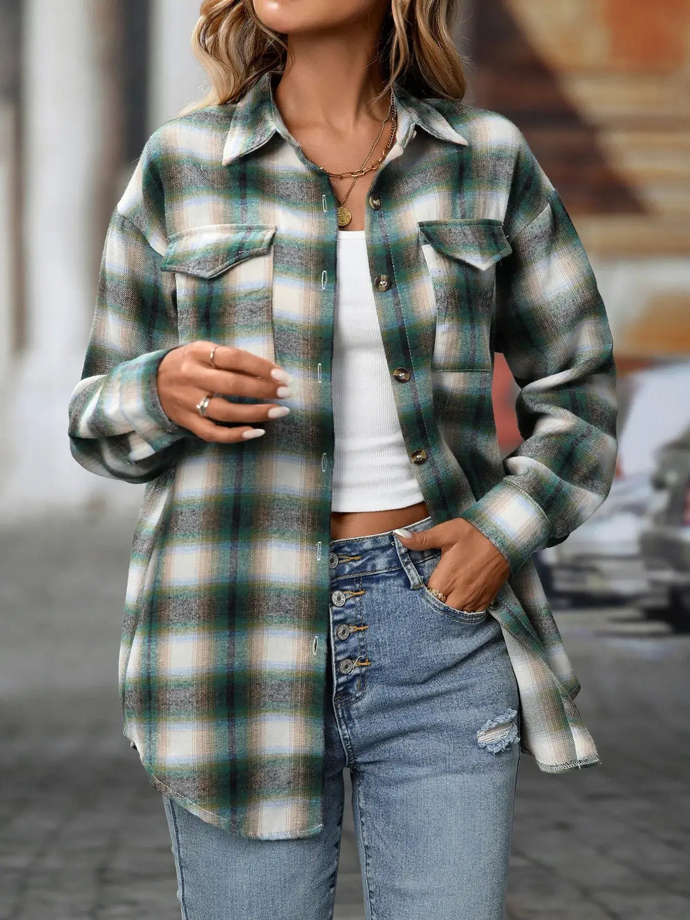 Oversized Plaid Button-Up Shirt - Trendsi - Flyclothing LLC