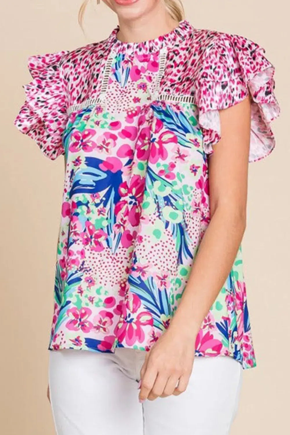 Floral Mixed Print Ruffle Cap Sleeve Blouse - Trendsi - Flyclothing LLC