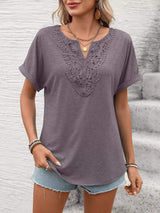 Lace Trim Short Sleeve T-Shirt - Trendsi - Flyclothing LLC
