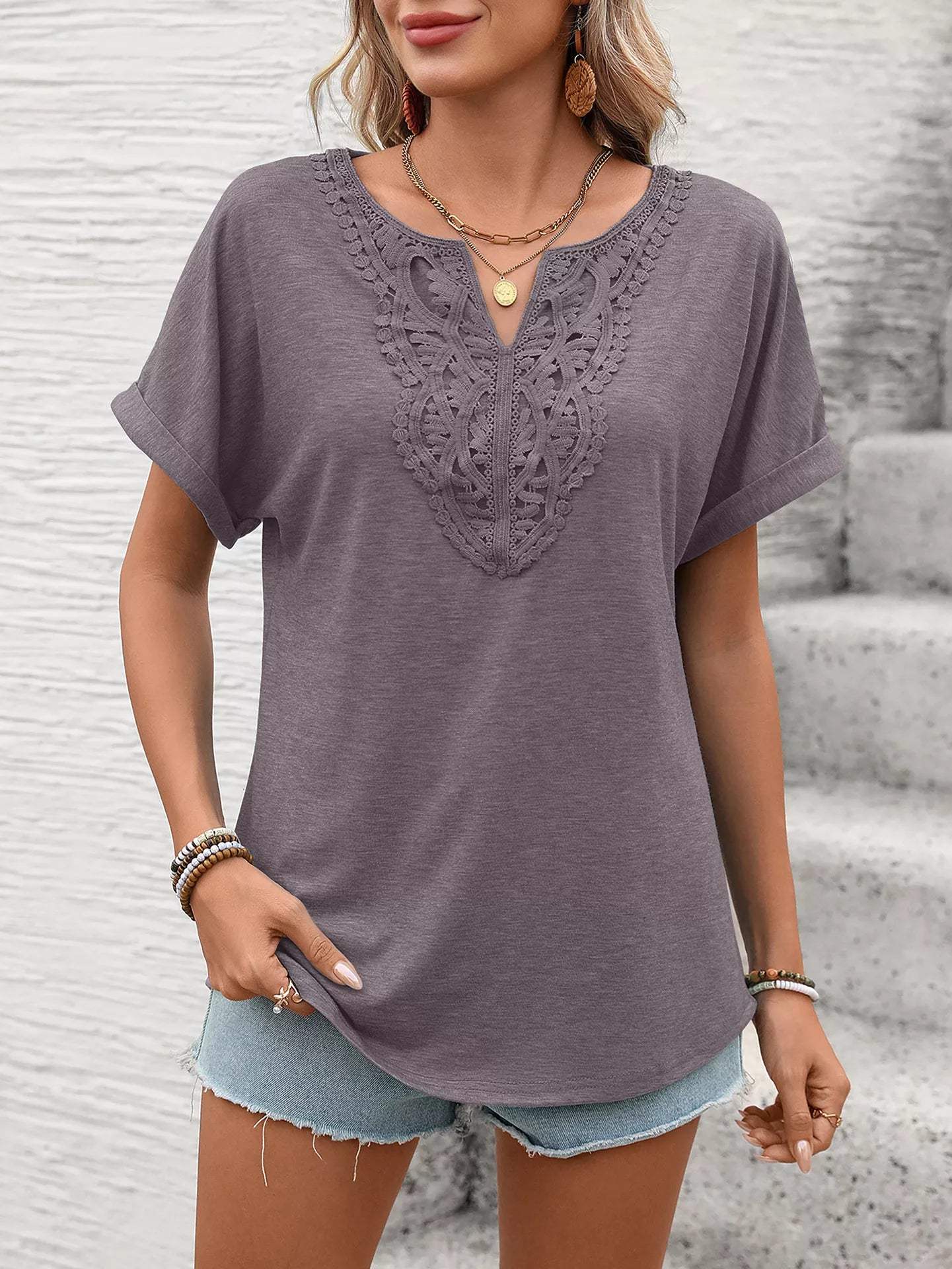Lace Trim Short Sleeve T-Shirt - Trendsi - Flyclothing LLC