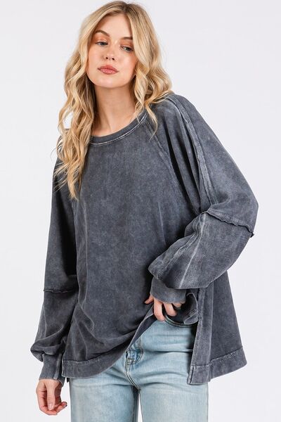 Mittoshop Mineral Wash Raglan Long Sleeve Oversized Top - Trendsi