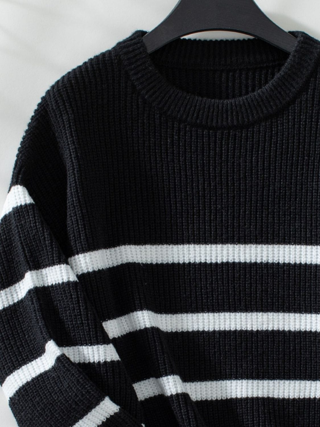 Striped Round Neck Dropped Shoulder Sweater - Trendsi