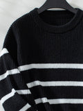 Striped Round Neck Dropped Shoulder Sweater - Trendsi