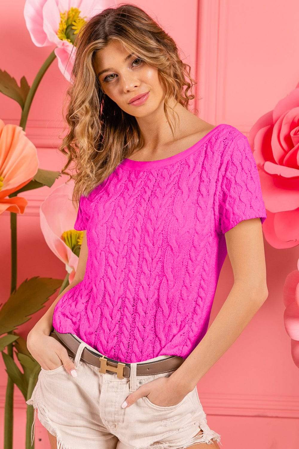 BiBi Cable Knit Short Sleeve Sweater - Trendsi - Flyclothing LLC