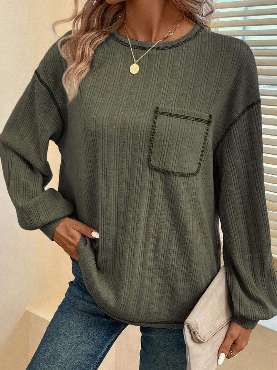 Mandy Contrast Stitching Round Neck Long Sleeve T-Shirt - Trendsi - Flyclothing LLC