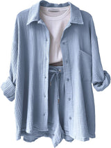 Texture Button Up Shirt and Drawstring Shorts Set - Trendsi - Flyclothing LLC