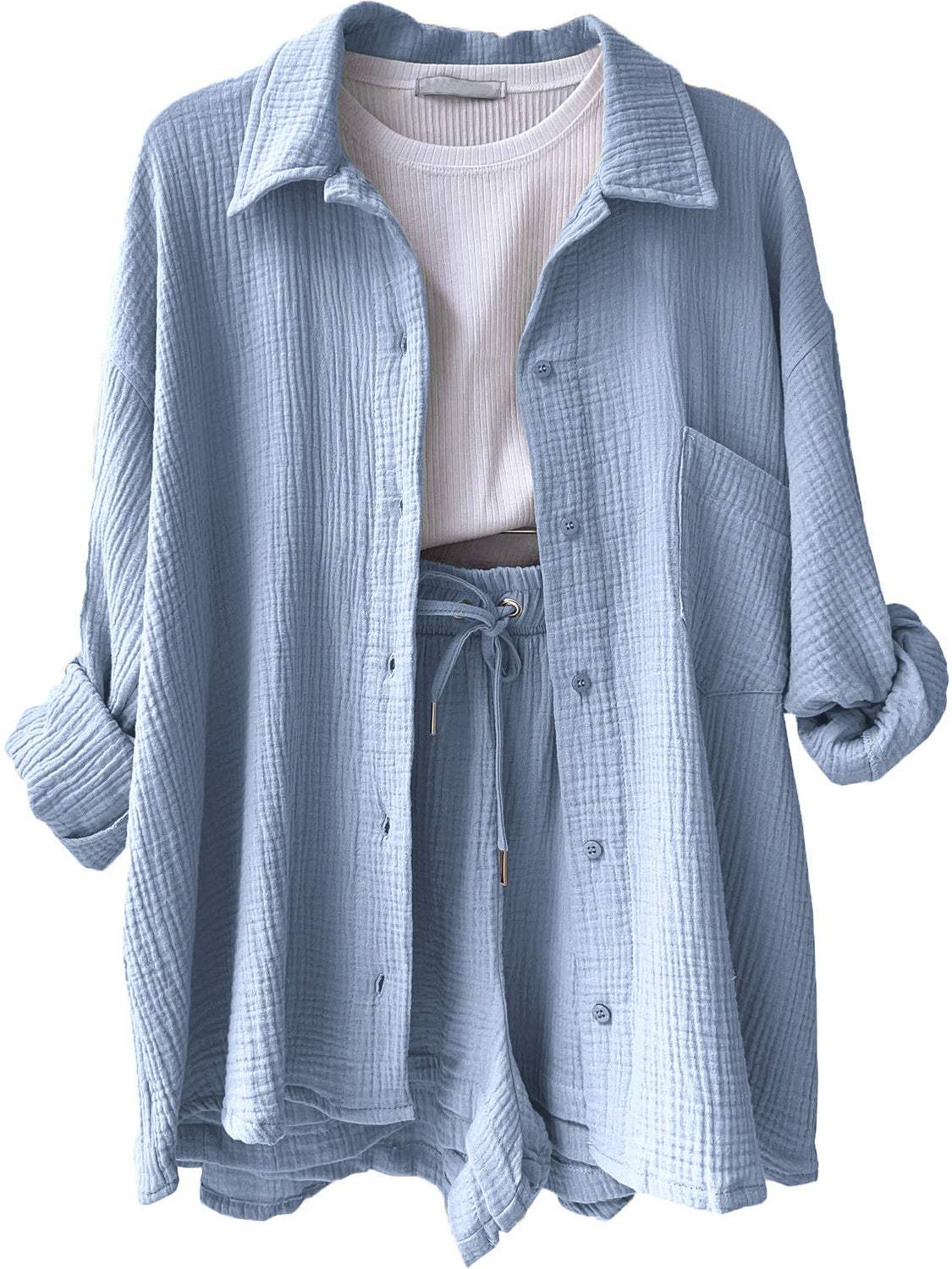 Texture Button Up Shirt and Drawstring Shorts Set - Trendsi - Flyclothing LLC