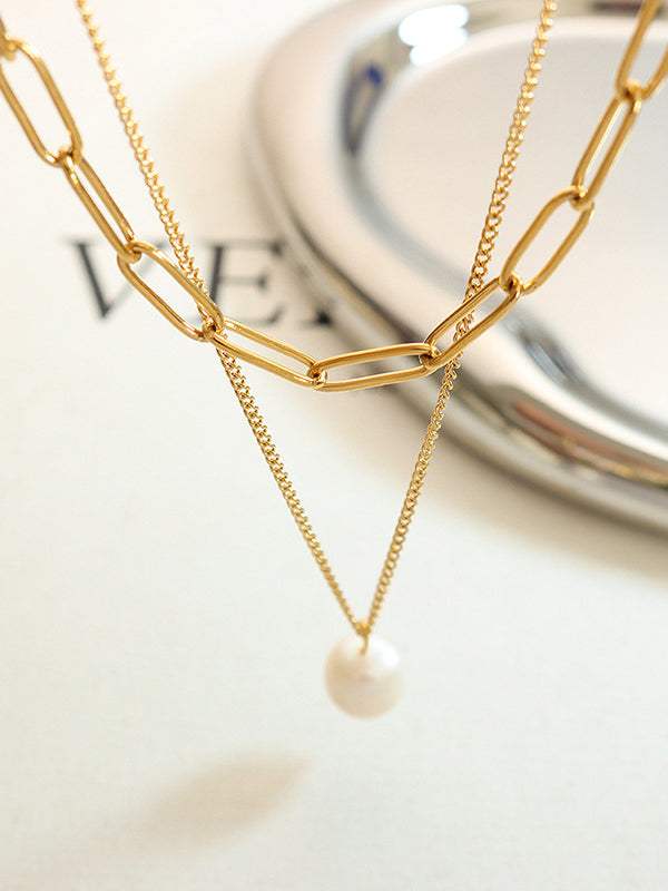 Freshwater Pearl Titanium Steel Double-Layered Necklace - Trendsi - Flyclothing LLC