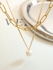 Freshwater Pearl Titanium Steel Double-Layered Necklace - Trendsi
