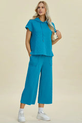 Double Take Full Size Texture Drawstring Short Sleeve Hoodie and Pocketed Pants Set - Trendsi - Flyclothing LLC