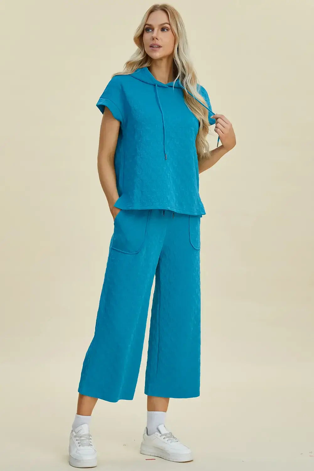 Double Take Full Size Texture Drawstring Short Sleeve Hoodie and Pocketed Pants Set - Trendsi - Flyclothing LLC