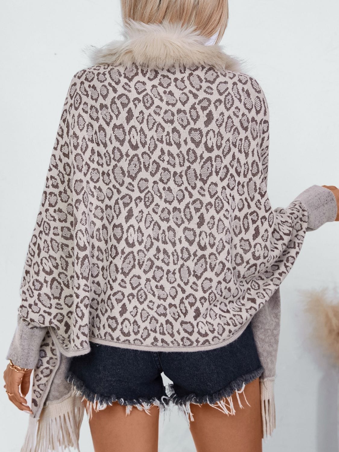 Fringe Leopard Open Front Long Sleeve Poncho - Trendsi