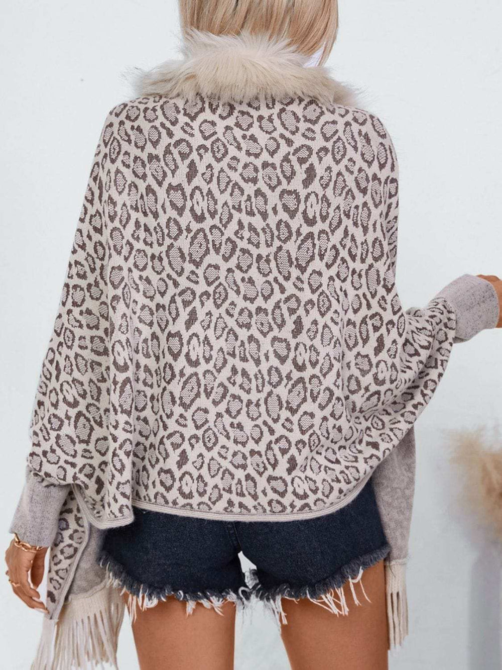 Fringe Leopard Open Front Long Sleeve Poncho - Trendsi - Flyclothing LLC