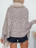 Fringe Leopard Open Front Long Sleeve Poncho - Trendsi